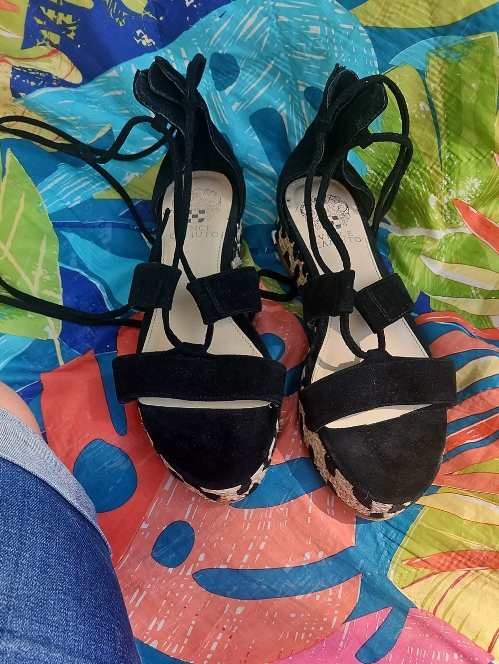 Vince Camuto Black Suede Lace-Up Wedge Sandals